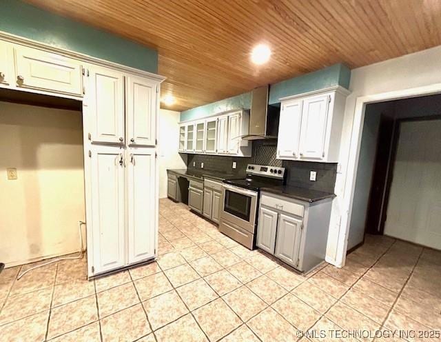 kitchen with wood ceiling, light tile patterned floors, dark countertops, electric stove, and tasteful backsplash