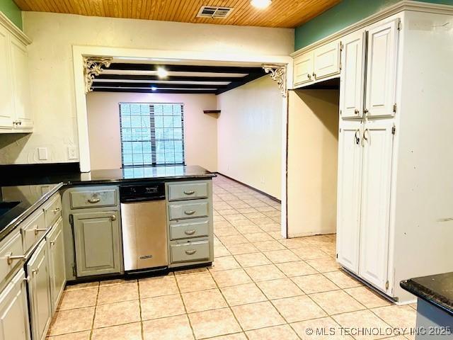 kitchen featuring dark countertops, wooden ceiling, visible vents, and light tile patterned floors