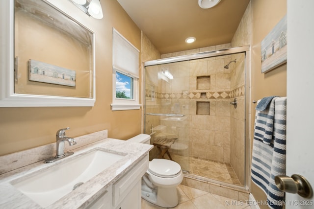 4721 S Irvington Pl, Tulsa, OK 74135 - full bath with vanity, a stall shower, tile patterned flooring, and recessed lighting