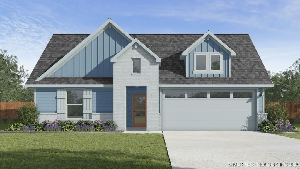 view of front of house with fence, concrete driveway, board and batten siding, a shingled roof, and a front yard
