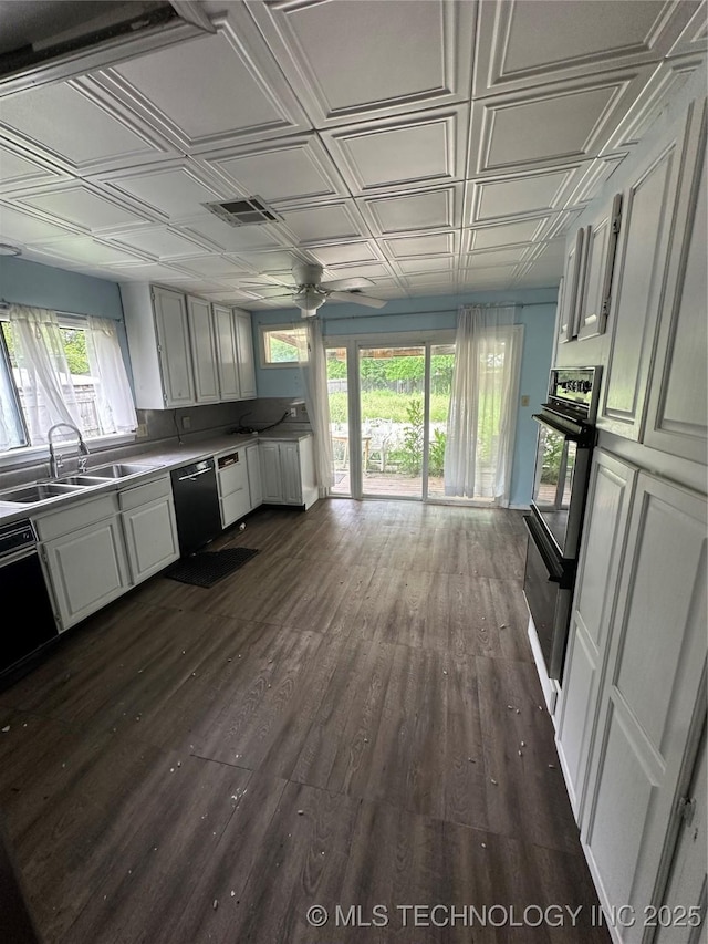 417 E SE, Ardmore, OK 73401 - kitchen with black appliances, a sink, ceiling fan, an ornate ceiling, and plenty of natural light