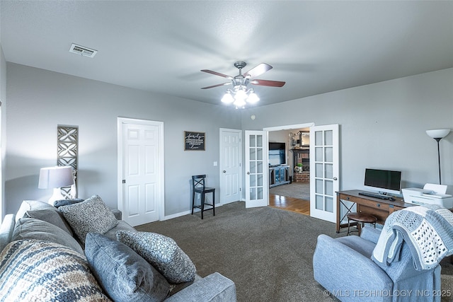 12285 N 164th E Pl, Collinsville, OK 74021 - living room featuring french doors, carpet floors, ceiling fan, and an office area