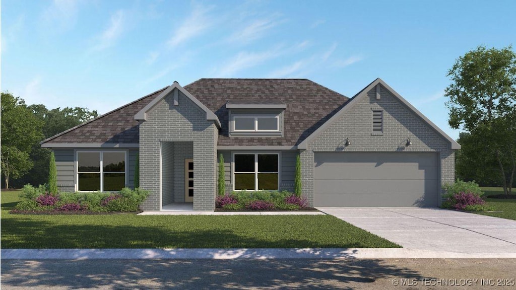 view of front of home featuring concrete driveway, a front yard, brick siding, and an attached garage