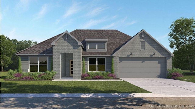 view of front of home featuring concrete driveway, a front yard, brick siding, and an attached garage