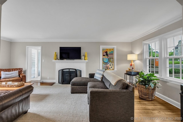 living room featuring crown molding, a glass covered fireplace, and plenty of natural light