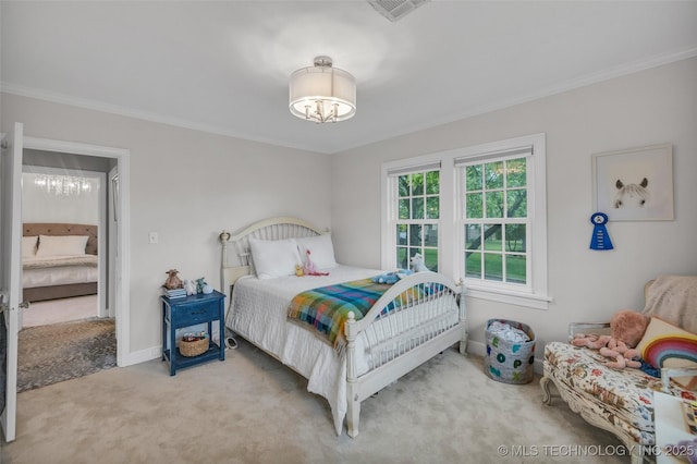 bedroom with carpet flooring, a notable chandelier, visible vents, and ornamental molding