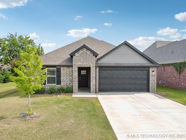 4218 W Village Park Dr, Skiatook, OK 74070 - ranch-style house with an attached garage, a shingled roof, a front lawn, brick siding, and driveway