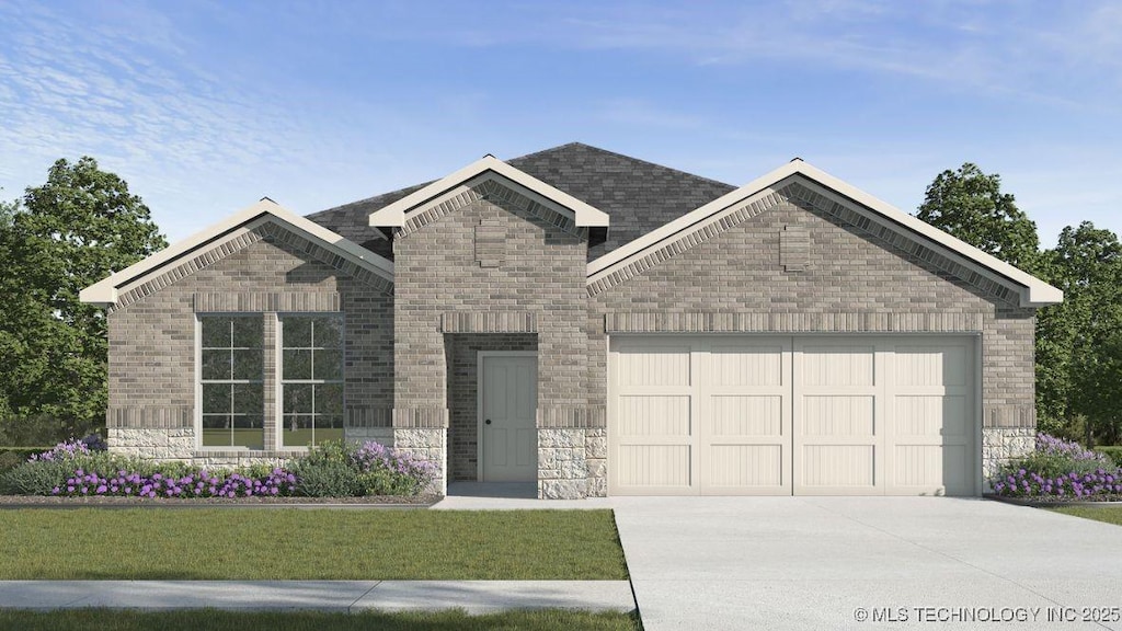 view of front of home featuring brick siding, a front yard, a garage, concrete driveway, and stone siding