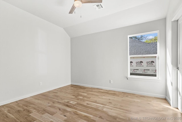 13242 E 4th Pl, Tulsa, OK 74108 - unfurnished room with lofted ceiling, a ceiling fan, baseboards, visible vents, and light wood-type flooring