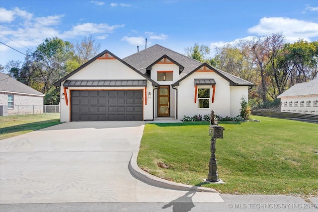 13242 E 4th Pl, Tulsa, OK 74108 - modern farmhouse style home with concrete driveway, a front yard, stucco siding, and a garage