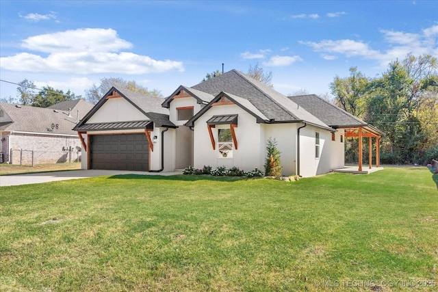 13242 E 4th Pl, Tulsa, OK 74108 - modern farmhouse style home featuring driveway, a garage, stucco siding, a shingled roof, and a front yard