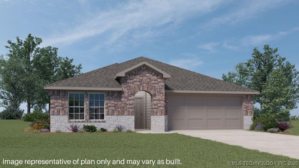 ranch-style house with stone siding, concrete driveway, roof with shingles, and a garage
