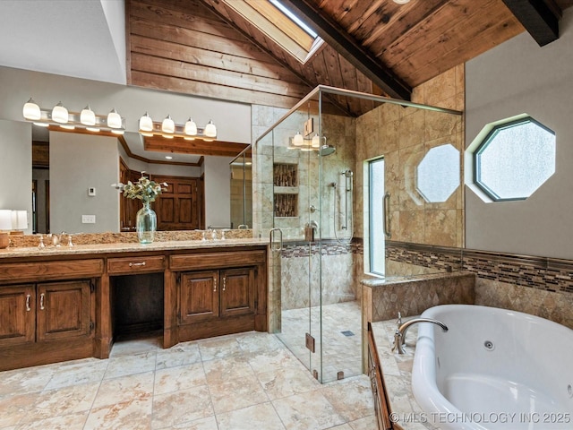2600 Chapel Hill Rd, Bartlesville, OK 74006 - full bathroom featuring a whirlpool tub, a shower stall, wooden ceiling, double vanity, and a skylight