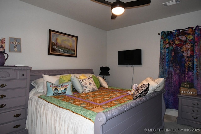 bedroom featuring ceiling fan and visible vents