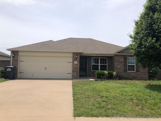 ranch-style house with brick siding, concrete driveway, a garage, a front lawn, and a shingled roof
