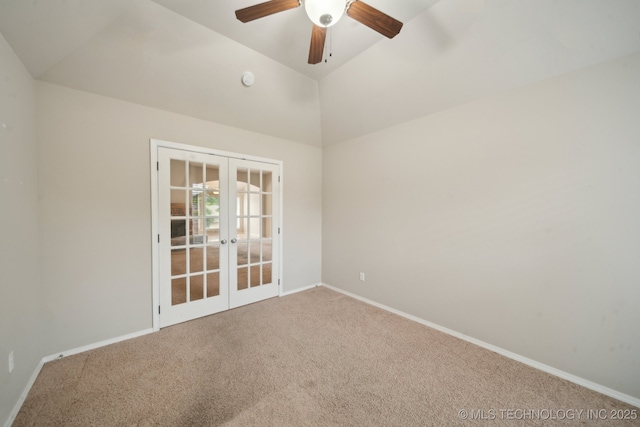 4712 N Narcissus Ave, Broken Arrow, OK 74012 - spare room featuring french doors, carpet flooring, ceiling fan, baseboards, and lofted ceiling
