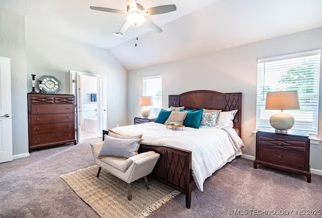 6442 E 148th St S, Bixby, OK 74008 - carpeted bedroom featuring ensuite bathroom, vaulted ceiling, baseboards, and a ceiling fan