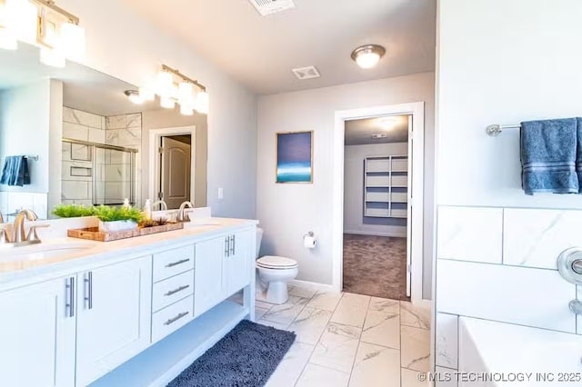 6442 E 148th St S, Bixby, OK 74008 - bathroom featuring a sink, marble finish floor, a shower stall, and visible vents