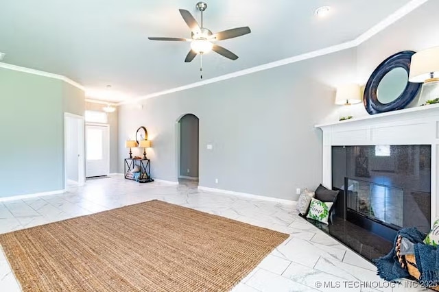 6442 E 148th St S, Bixby, OK 74008 - unfurnished living room featuring ceiling fan, crown molding, marble finish floor, and arched walkways
