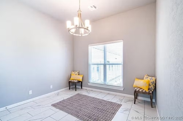 6442 E 148th St S, Bixby, OK 74008 - sitting room with visible vents, marble finish floor, baseboards, and a notable chandelier