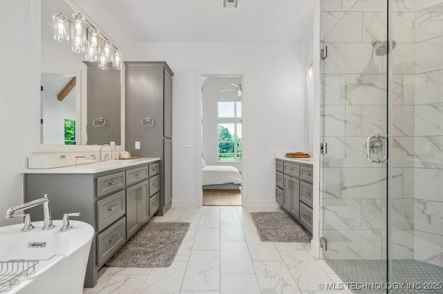 16804 E 43rd St S, Tulsa, OK 74134 - ensuite bathroom featuring ensuite bathroom, marble finish floor, vanity, a marble finish shower, and ceiling fan
