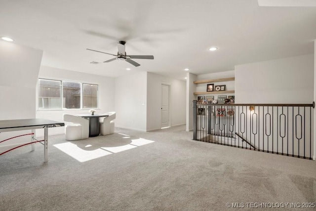 16804 E 43rd St S, Tulsa, OK 74134 - recreation room featuring carpet flooring, visible vents, baseboards, ceiling fan, and recessed lighting