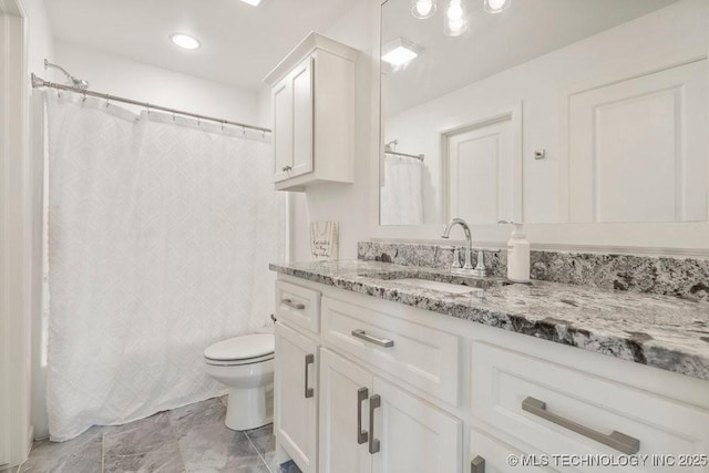 16804 E 43rd St S, Tulsa, OK 74134 - full bath featuring toilet, a shower with shower curtain, marble finish floor, and vanity