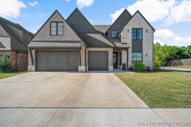 16804 E 43rd St S, Tulsa, OK 74134 - view of front of property featuring an attached garage, stone siding, concrete driveway, board and batten siding, and a front yard