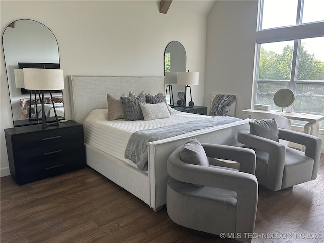 16804 E 43rd St S, Tulsa, OK 74134 - bedroom with dark wood finished floors, beamed ceiling, and high vaulted ceiling