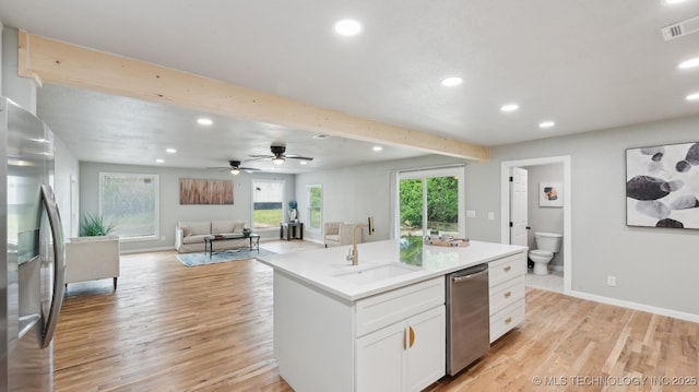4010 E Harris, Muskogee, OK 74403 - kitchen with a sink, stainless steel refrigerator with ice dispenser, visible vents, recessed lighting, and white cabinets