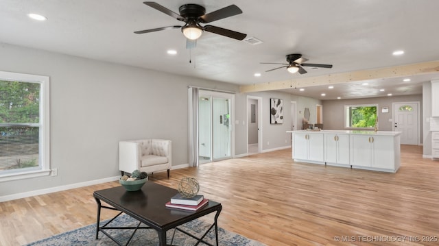 4010 E Harris, Muskogee, OK 74403 - living area with a ceiling fan, light wood-style flooring, recessed lighting, baseboards, and visible vents