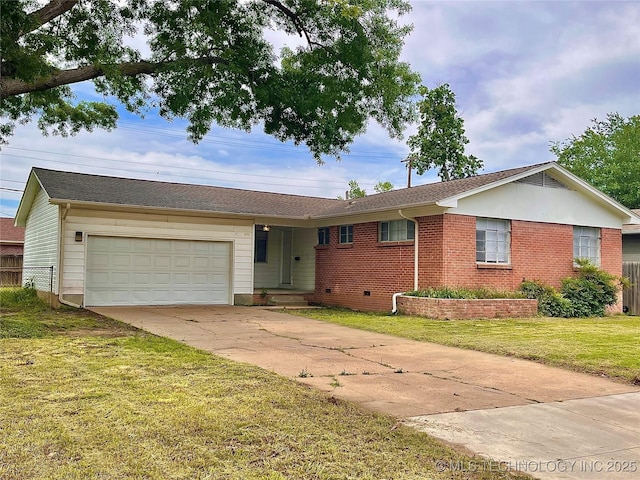 ranch-style home featuring concrete driveway, a garage, brick siding, and a front yard
