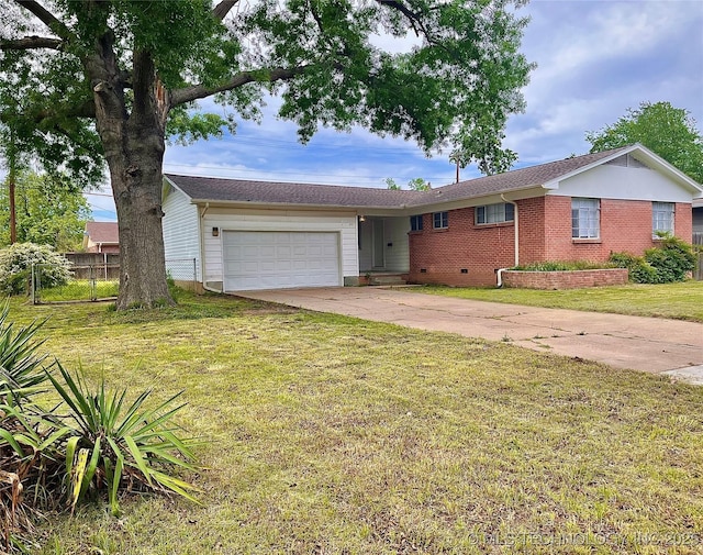 ranch-style house featuring concrete driveway, a front lawn, an attached garage, and fence