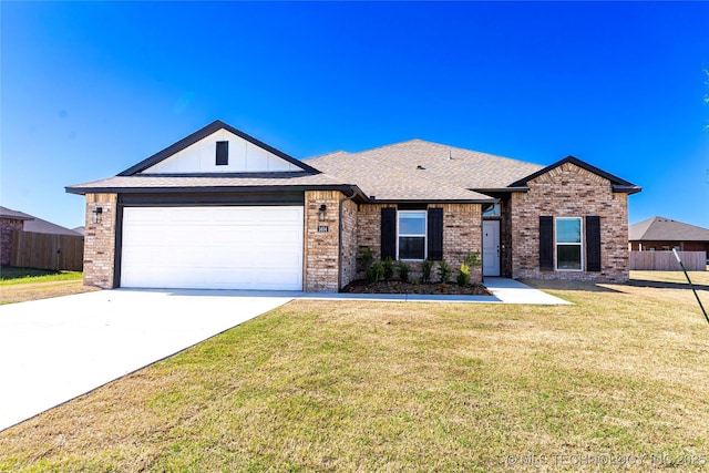 ranch-style home with driveway, brick siding, fence, an attached garage, and a front yard
