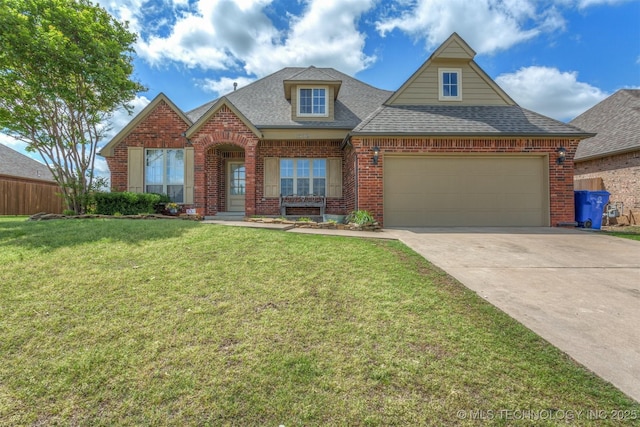 view of front of home with roof with shingles, brick siding, concrete driveway, a garage, and a front lawn