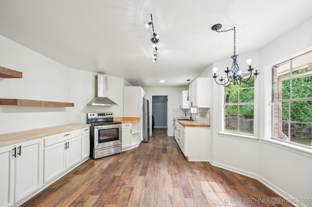 1109 S Division St, Sapulpa, OK 74066 - kitchen with a sink, open shelves, wood counters, wall chimney exhaust hood, and stainless steel appliances