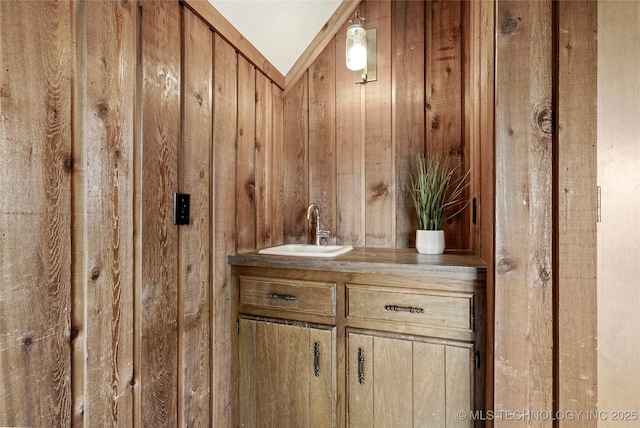bathroom with wooden walls and vanity