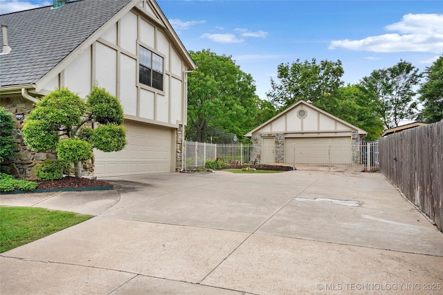view of side of property featuring stucco siding, fence, stone siding, and roof with shingles