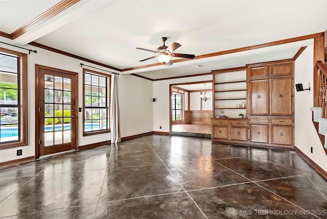 unfurnished living room with plenty of natural light, ornamental molding, a ceiling fan, and baseboards