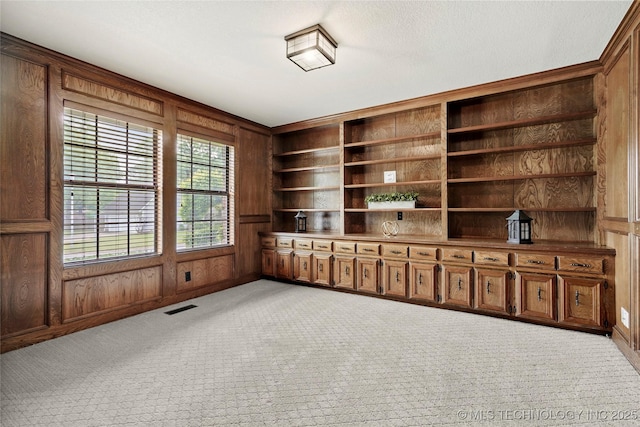 unfurnished office featuring light colored carpet and wood walls