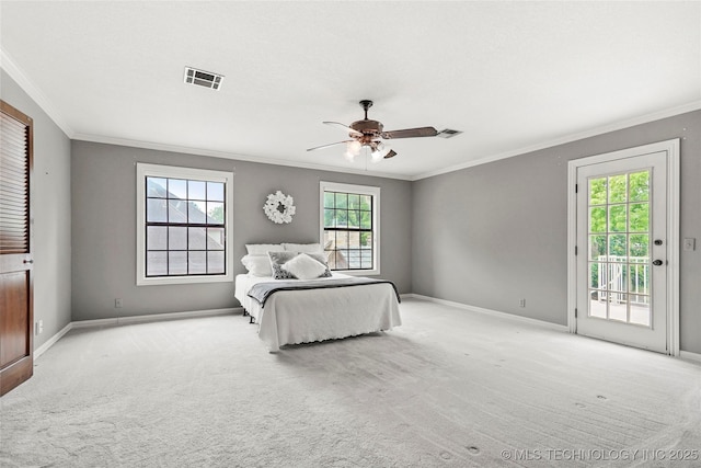 carpeted bedroom with access to exterior, crown molding, baseboards, and ceiling fan