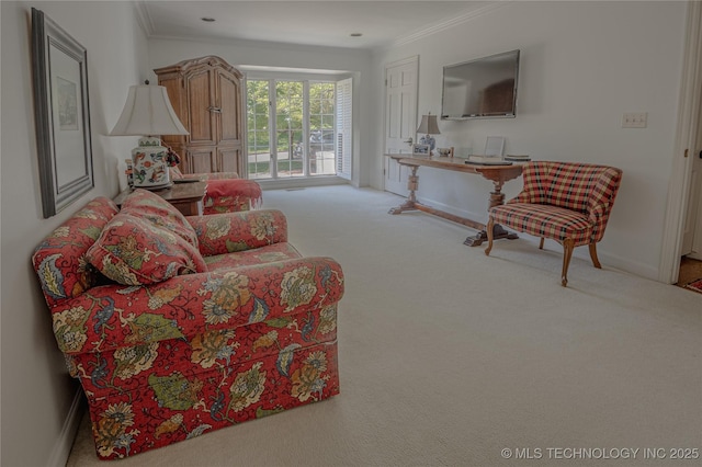 3421 E 62nd St, Tulsa, OK 74136 - carpeted living area featuring ornamental molding, a desk, and baseboards