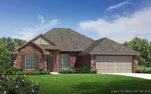 exterior space with an attached garage, brick siding, driveway, a front lawn, and a shingled roof