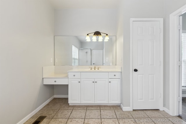 full bathroom featuring baseboards, tile patterned floors, vanity, and visible vents