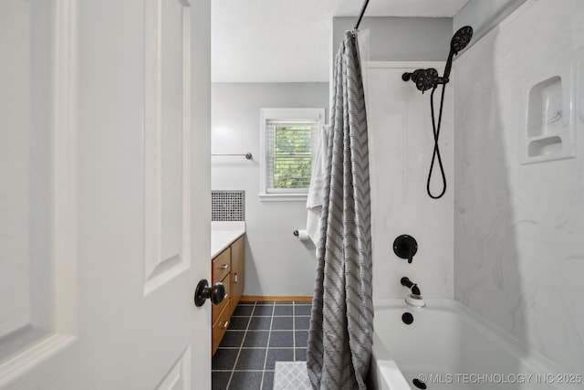 141 S Bryan St, Copan, OK 74022 - full bathroom with tile patterned floors, shower / bathtub combination with curtain, baseboards, and vanity