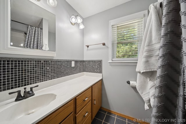 141 S Bryan St, Copan, OK 74022 - bathroom featuring tile patterned flooring, curtained shower, and vanity