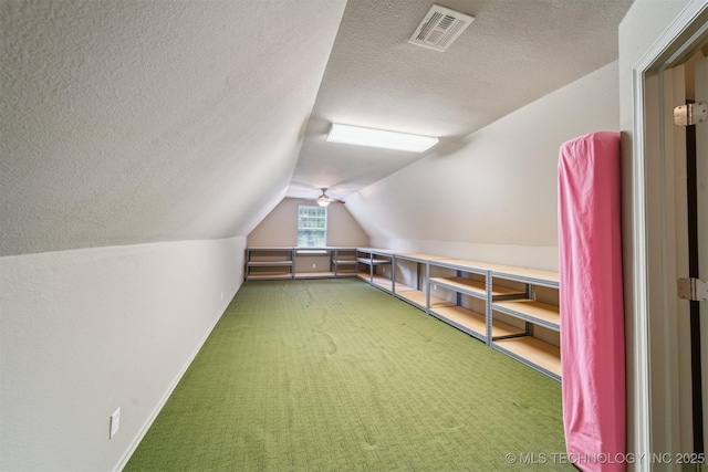 bonus room with lofted ceiling, carpet flooring, a textured ceiling, and visible vents