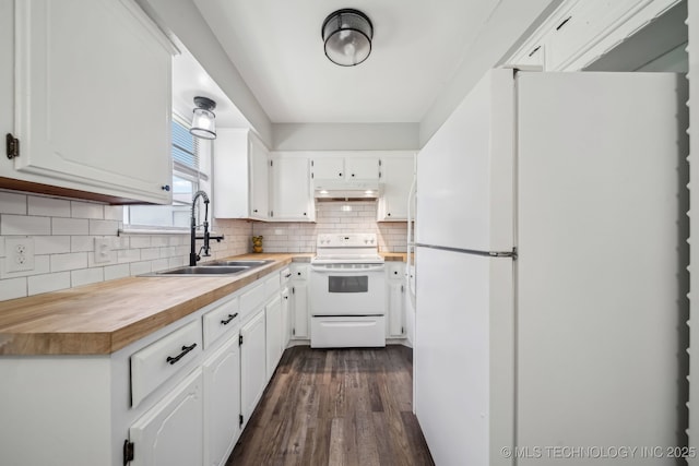 9553 W 71st St S, Tulsa, OK 74131 - kitchen with a sink, white appliances, butcher block countertops, under cabinet range hood, and dark wood-style floors