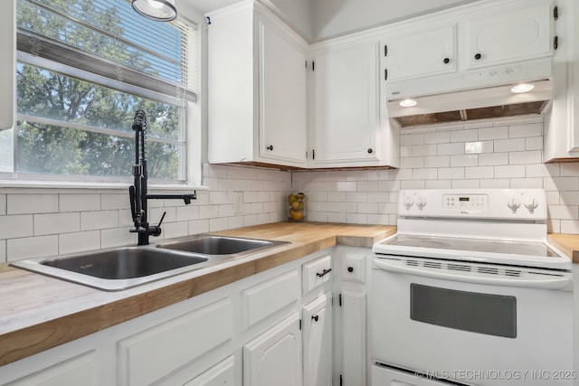 9553 W 71st St S, Tulsa, OK 74131 - kitchen with a sink, under cabinet range hood, white cabinets, wooden counters, and white range with electric stovetop