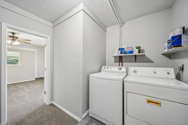 9553 W 71st St S, Tulsa, OK 74131 - clothes washing area featuring washing machine and clothes dryer, laundry area, a textured ceiling, and carpet